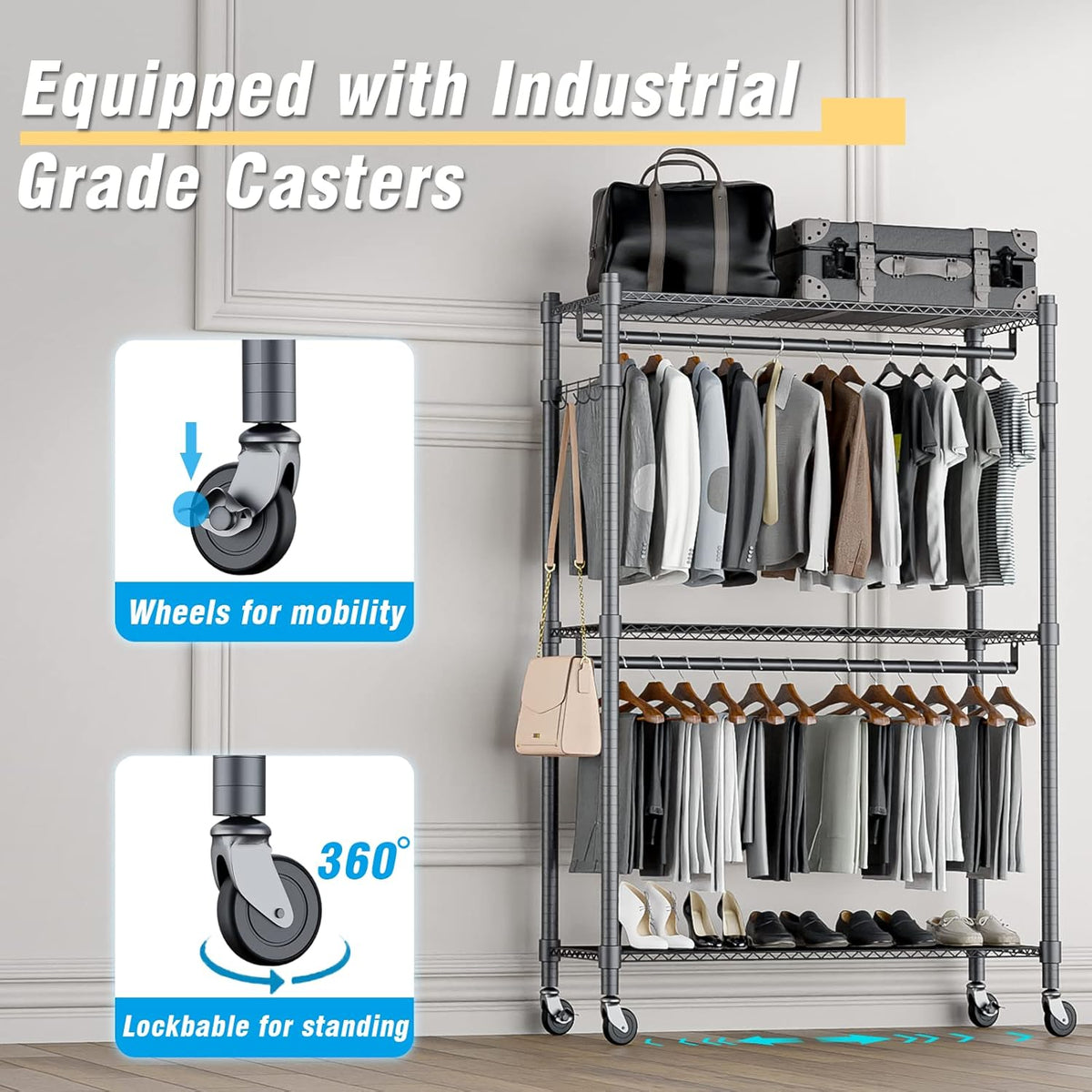 Homdox Rolling Clothes Rack Heavy Duty, 3-Tier Adjustable Wire Shelving Garment Organizer with