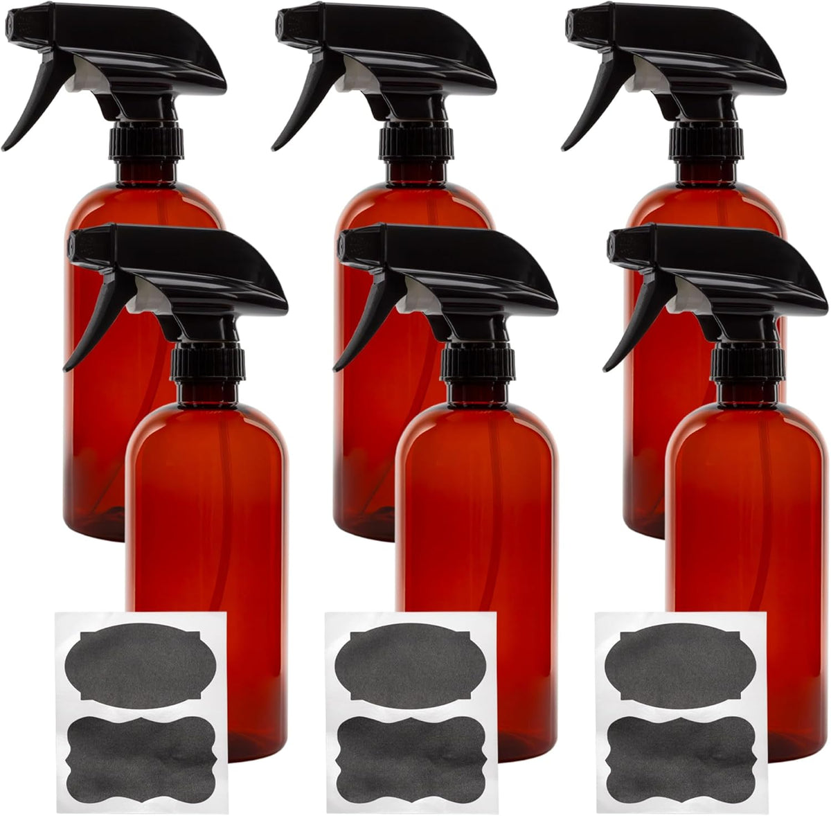 Cornucopia Brands 16oz Amber PLASTIC Spray Bottles w/Heavy Duty Mist & Stream Sprayers & Chalkboard
