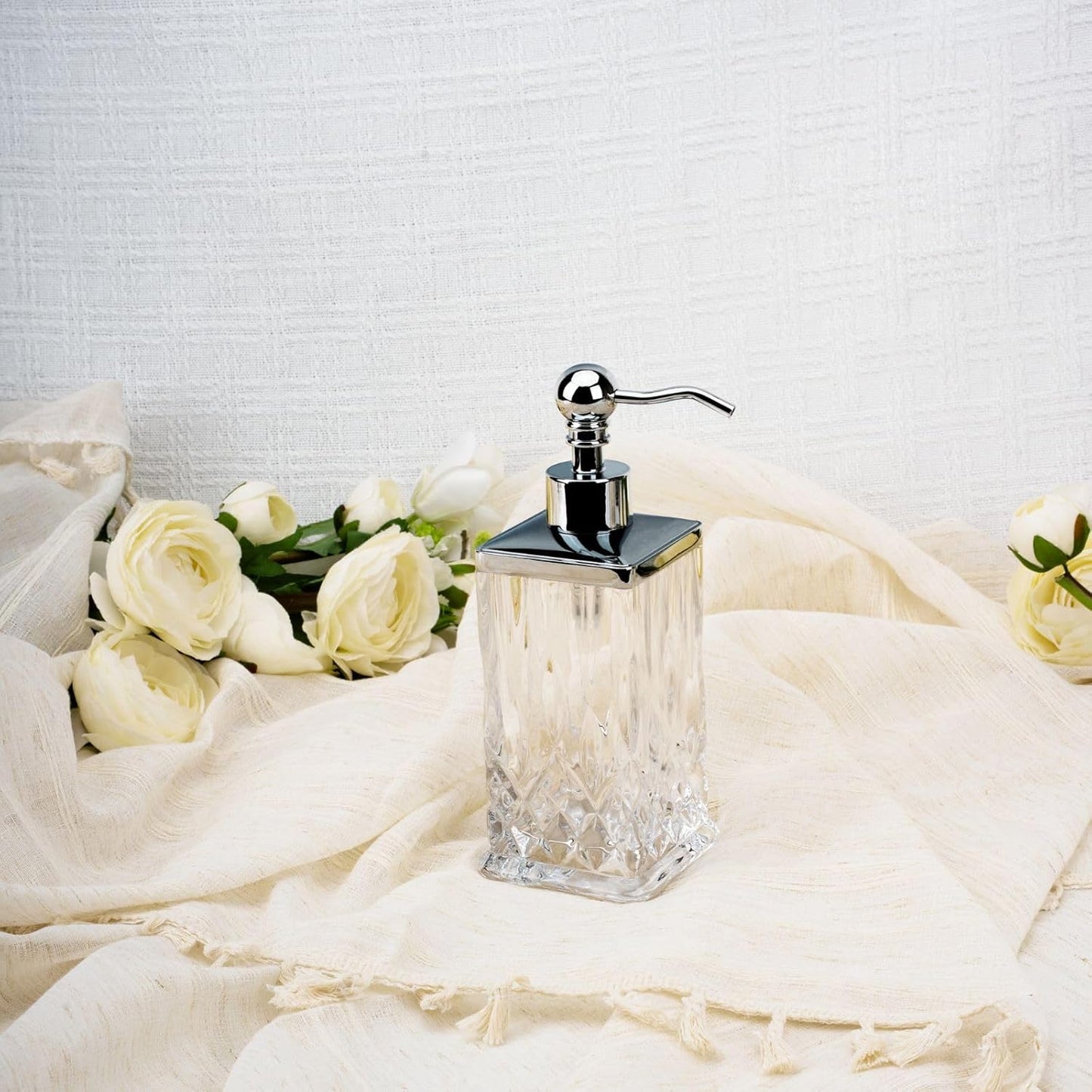 10Oz Clear Glass Soap Dispenser,Handcrafted Lead-Free Glass,Hand Sanitizer Dispenser with Silver