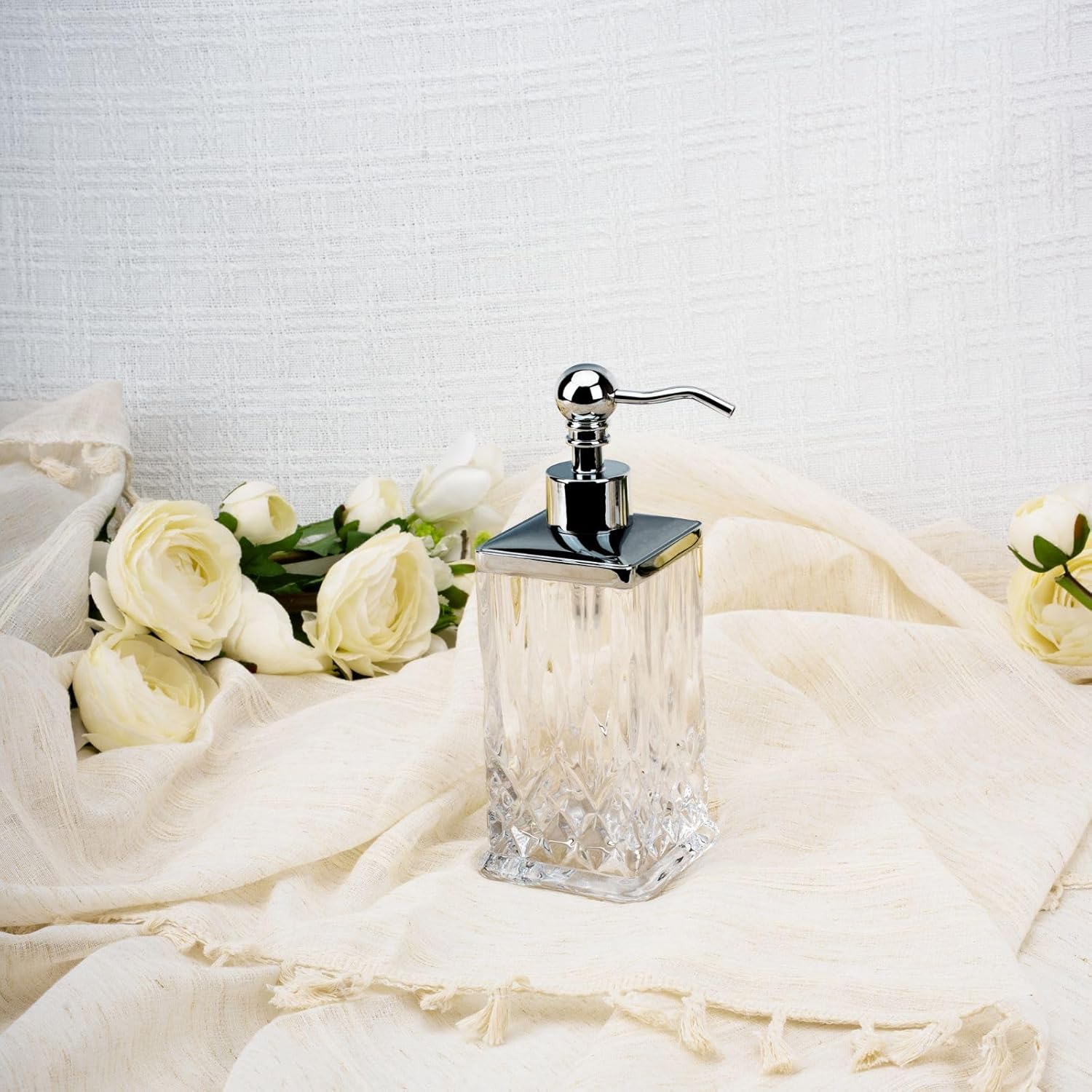 10Oz Clear Glass Soap Dispenser,Handcrafted Lead-Free Glass,Hand Sanitizer Dispenser with Silver