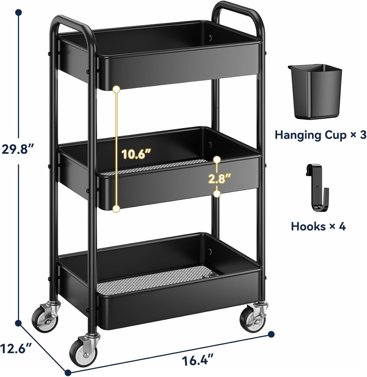 YASONIC 3 Tier Rolling Cart - Metal Utility Cart with Wheels, Hanging Cups, Hooks, Heavy Duty Mesh