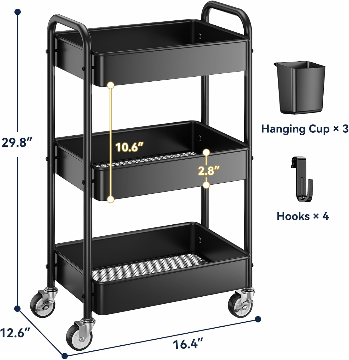 YASONIC 3 Tier Rolling Cart - Metal Utility Cart with Wheels, Hanging Cups, Hooks, Heavy Duty Mesh