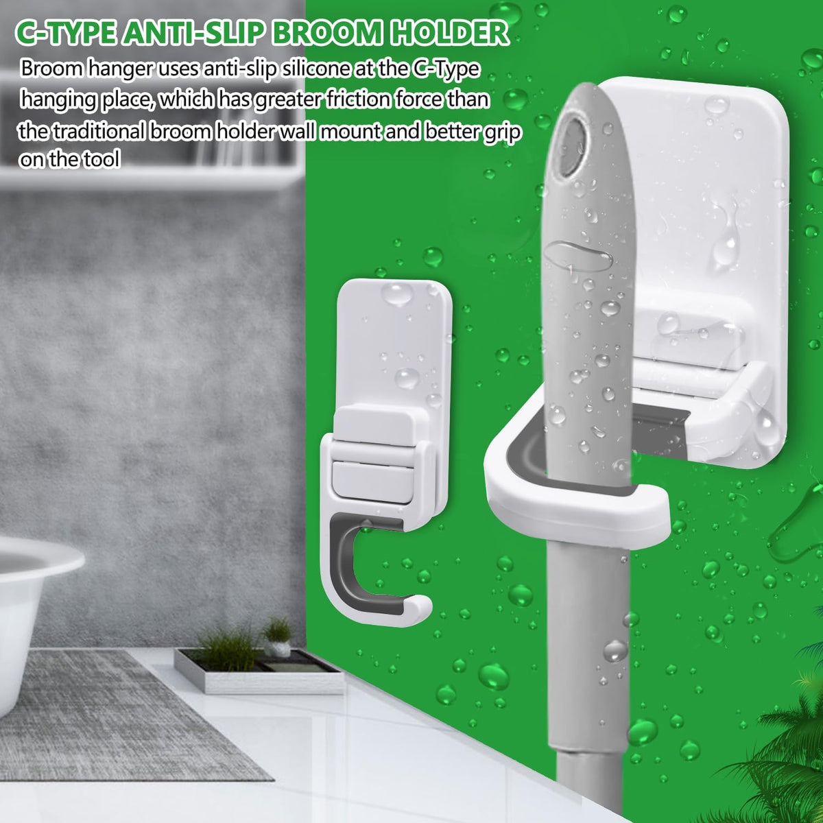 6 pack Broom Holder Wall Mount Mop Holder Broom and Mop Gripper Self Adhesive Peel and Stick