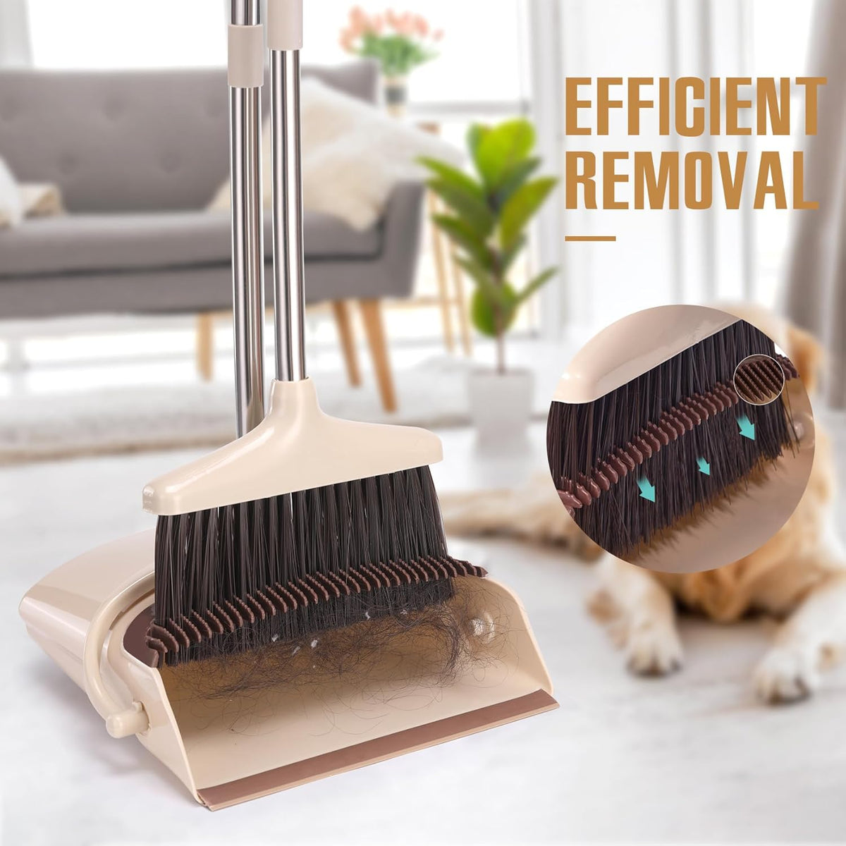 Broom and Dustpan Set with Long Handle, Light Weight Stainless Steel Poles Stand Upright Dustpans