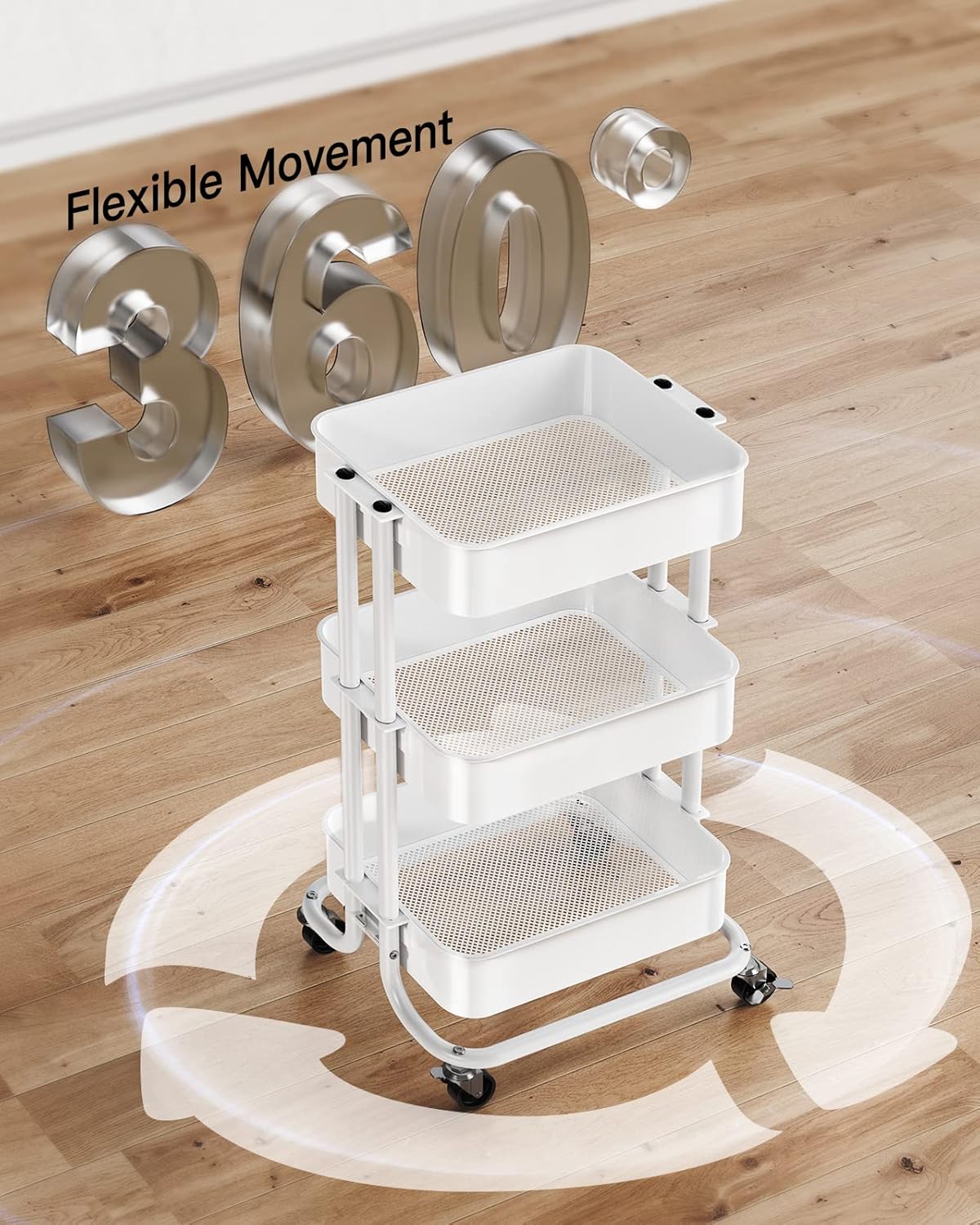 Pipishell 3 Tier Metal Rolling Utility Cart, Heavy-Duty Storage Rolling Cart with 2 Lockable
