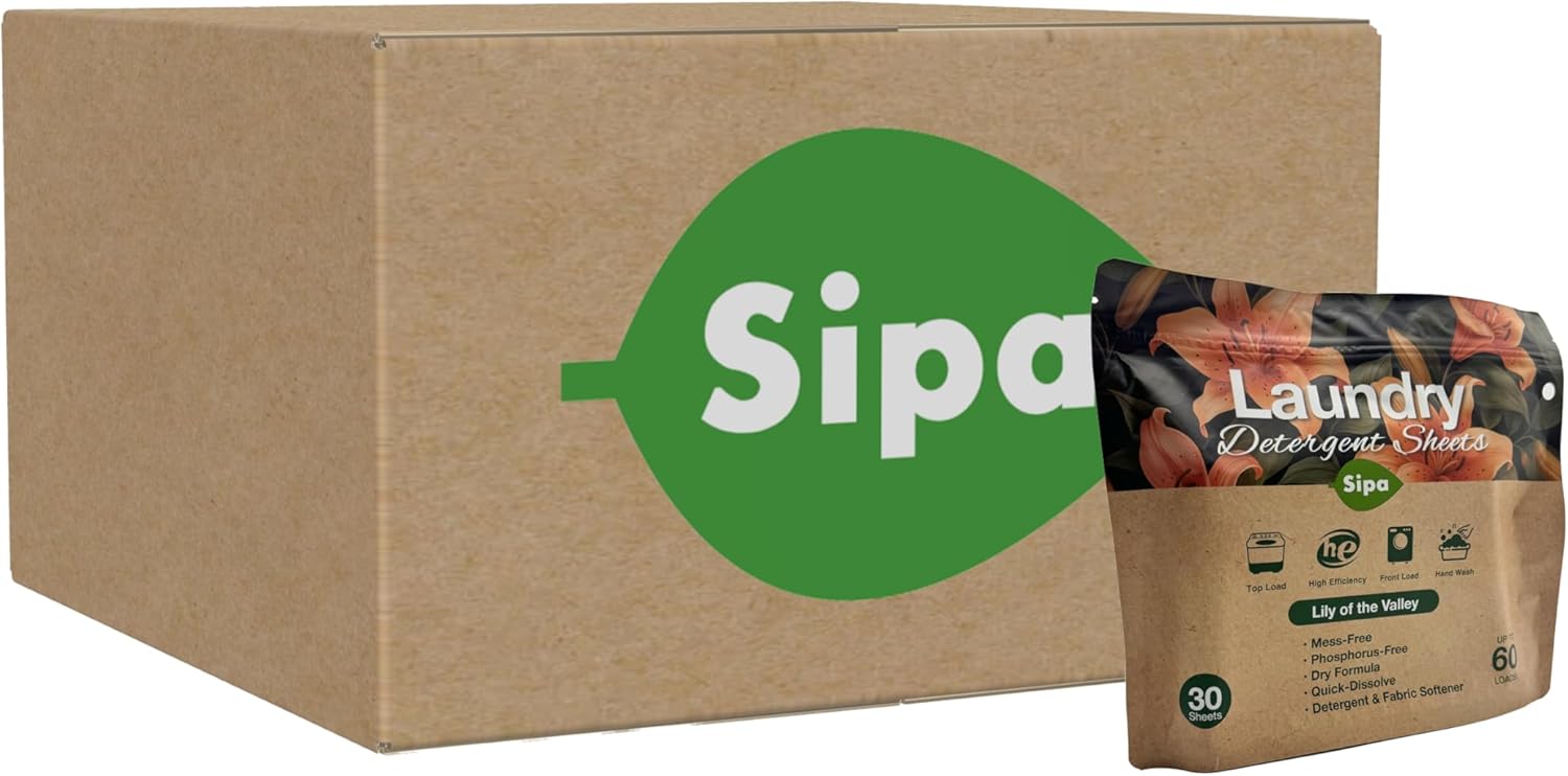 SIPA Laundry Detergent Sheets Bag - 30 Sheets, Up to 60 Loads, Lily of the Valley Scent