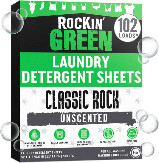 Rockin' Green Travel Laundry Detergent Sheets Unscented - Mess-Free Laundry Sheets Detergent