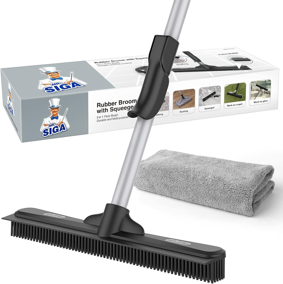 MR.SIGA Pet Hair Removal Rubber Broom with Built in Squeegee, 3 in 1 Floor Brush for Carpet, 61