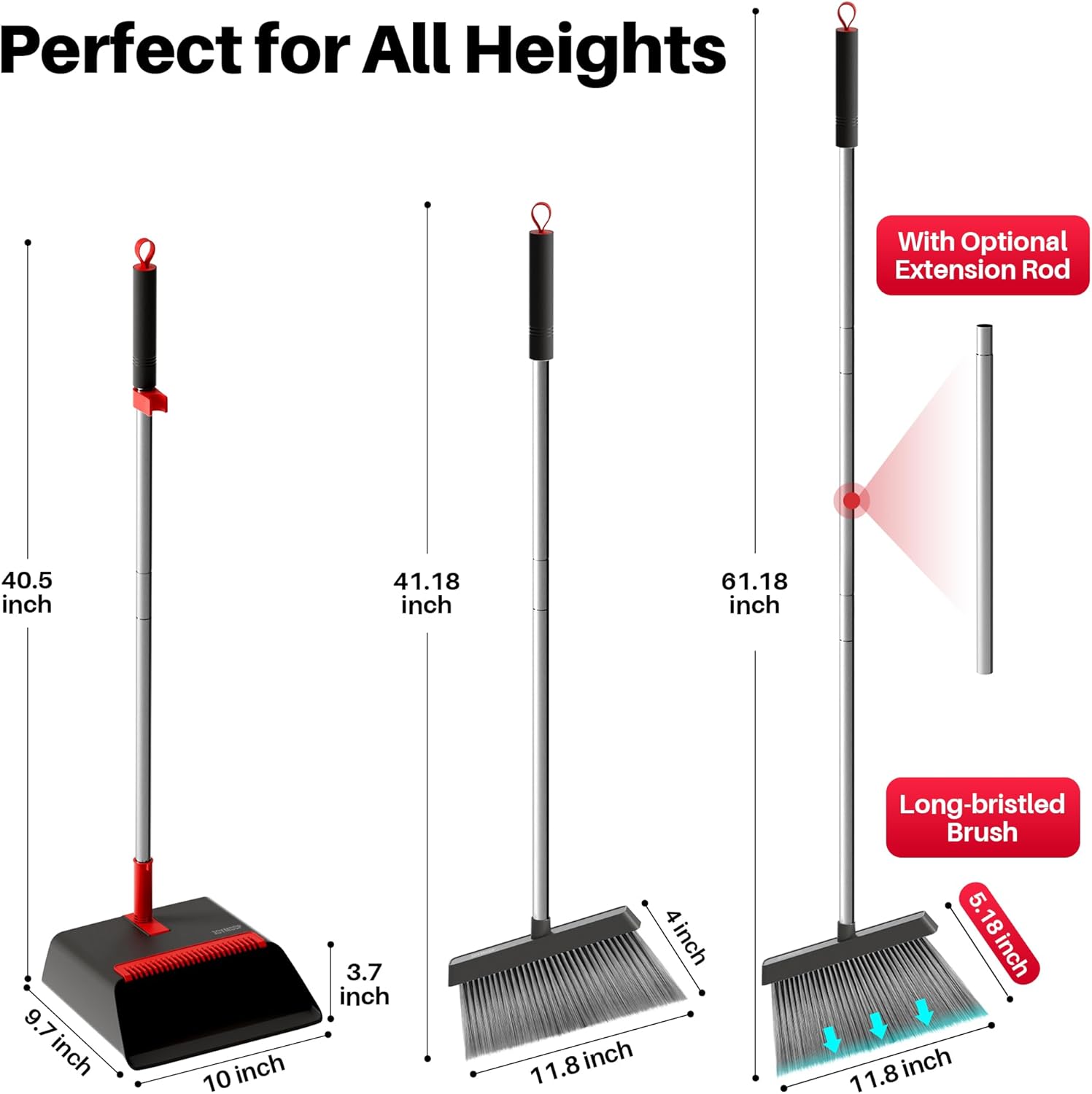 JOYMOOP Black and Red Broom and Dustpan Set, Upright Angle Design with Built-in Comb Teeth for