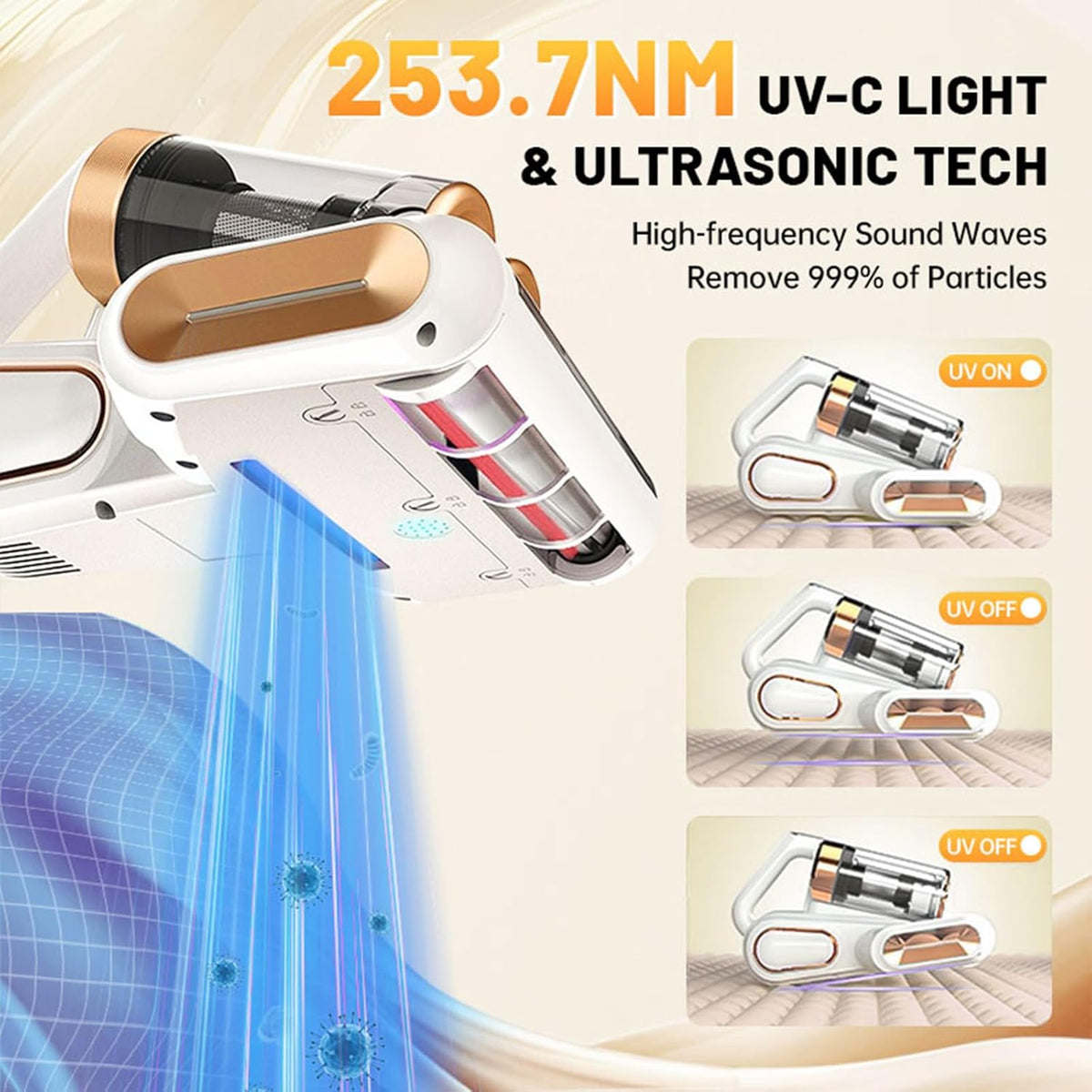 Bed Vacuum Cleaner, 16Kpa Mattress Vacuum Cleaner with 253.7nm UV-C Light 48000 RPM/Min Brushroll &