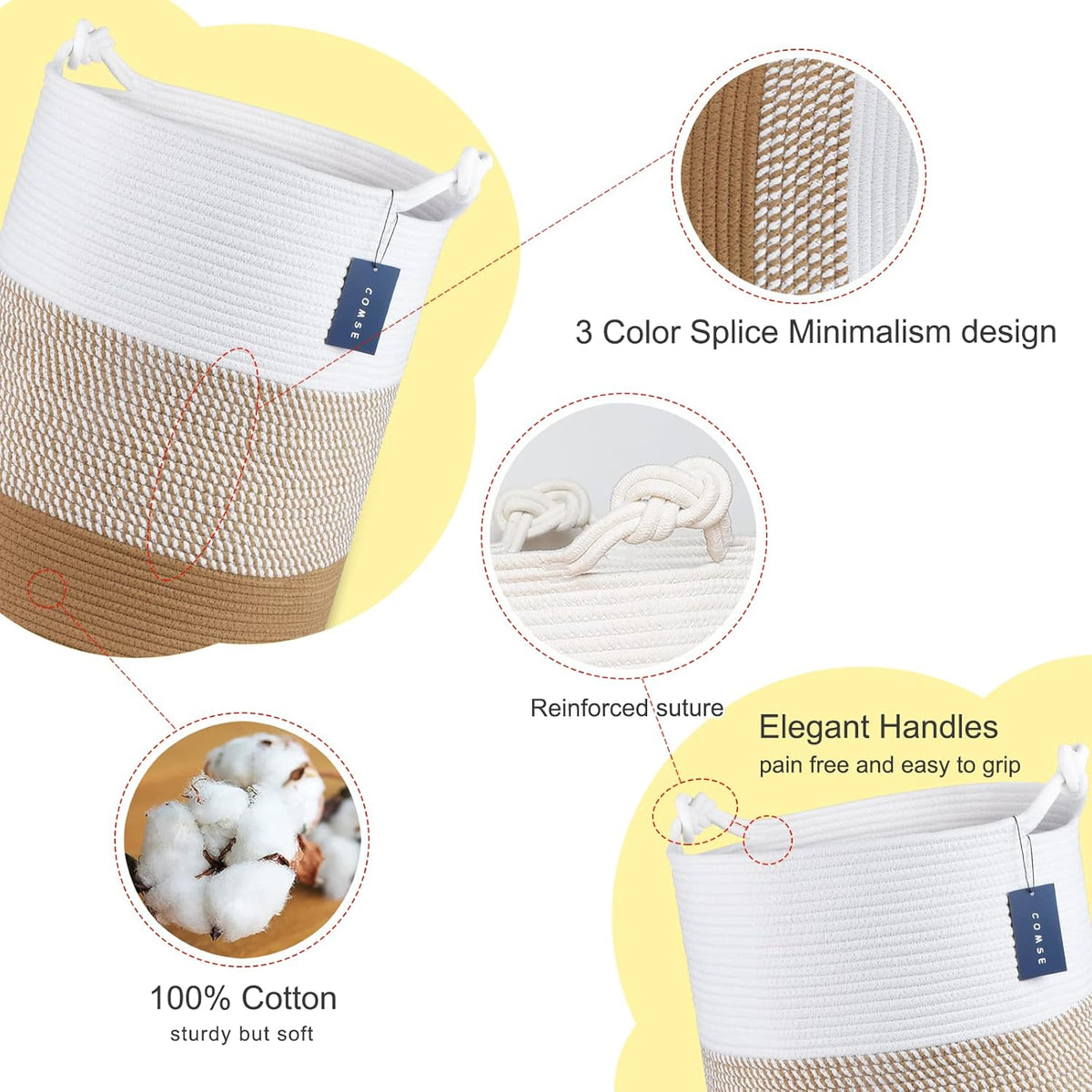 COMSE Extra Large Blanket Basket, Tall Woven Storage Basket, Nursery Hamper, 15.7”x 21.7”, Cotton