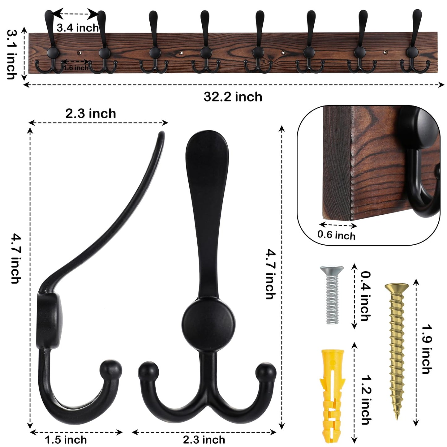 Kuhome 32.2'' Large Coat Rack Wall Mount Coat Hooks Coat Hanger with 8 Metal Black Triple- Hooks