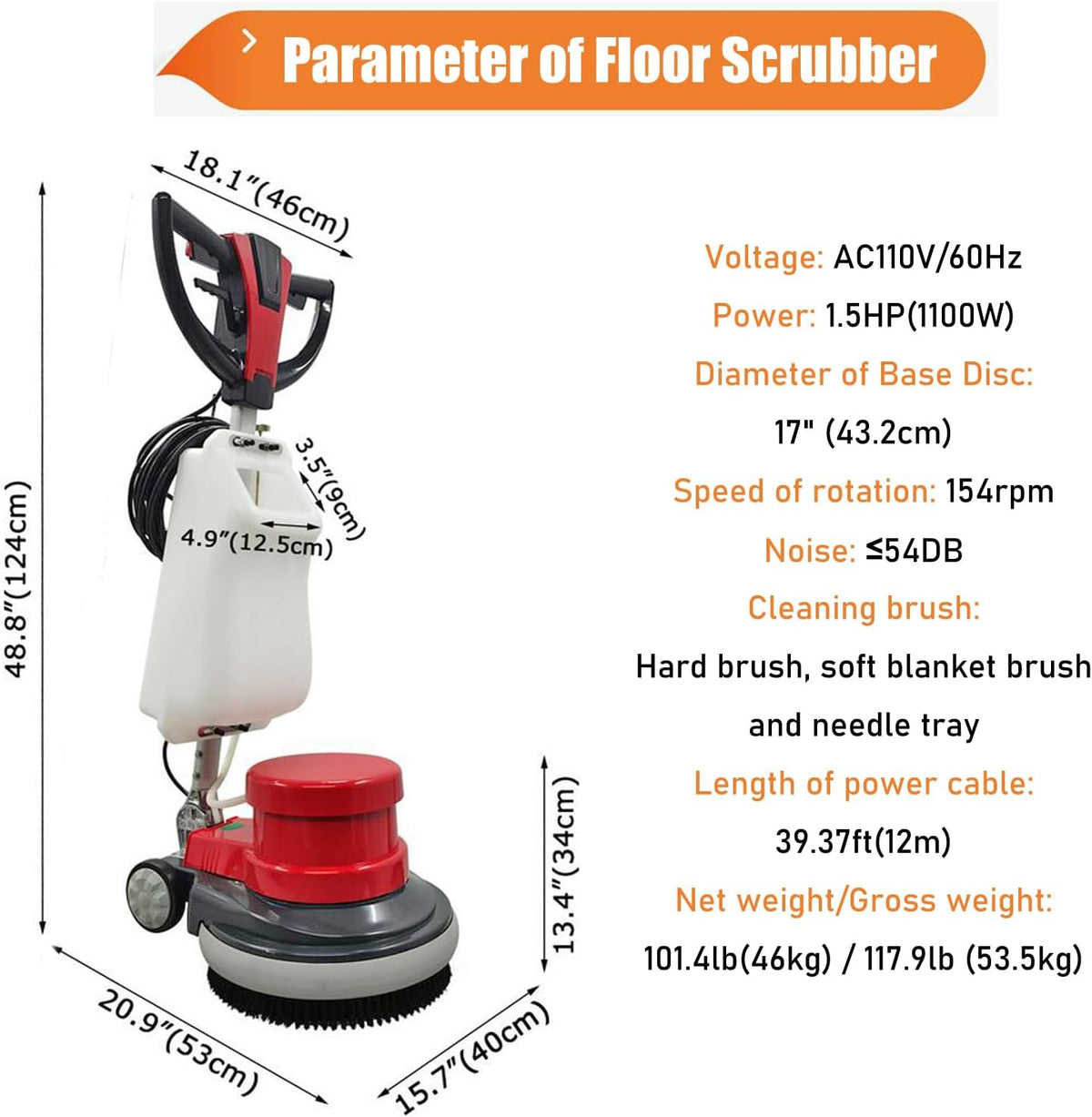 Commercial Floor Cleaning Machine 17" Floor Cleaner and Polisher Industrial Ground Scrubber Buffer