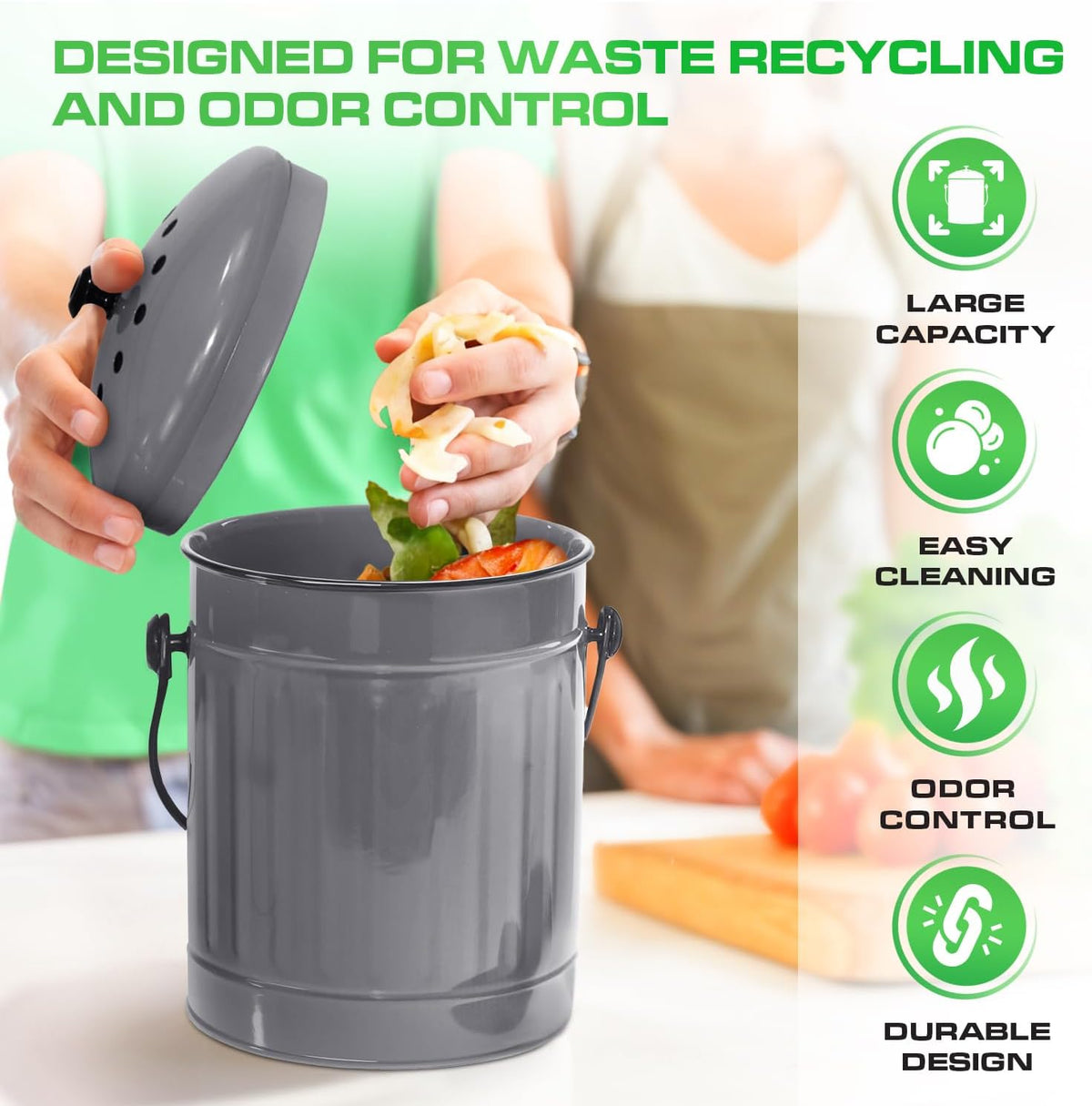 Plexon Countertop Compost Bin Kitchen with Lid, Gray 1.5 Gallon Odorless Container, Steel Food
