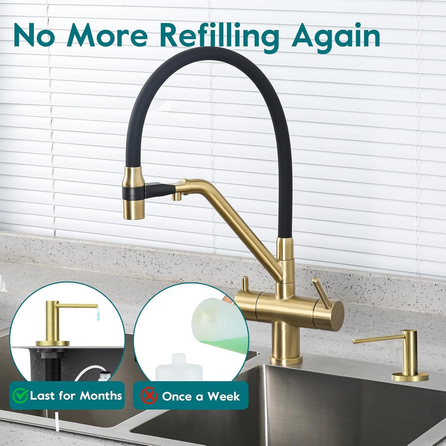 Gappo Soap Dispenser for Kitchen Sink Champagne Gold, Stainless Steel Countertop Pump, Built in