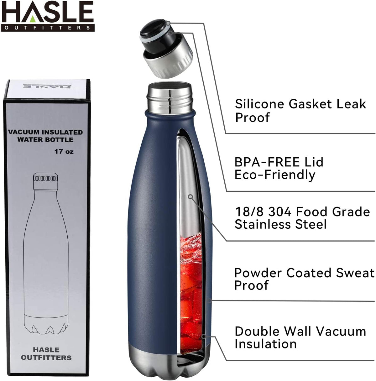 HASLE OUTFITTERS 17oz Stainless Steel Water Bottles, Vacuum Insulated Water Bottles Double Walled
