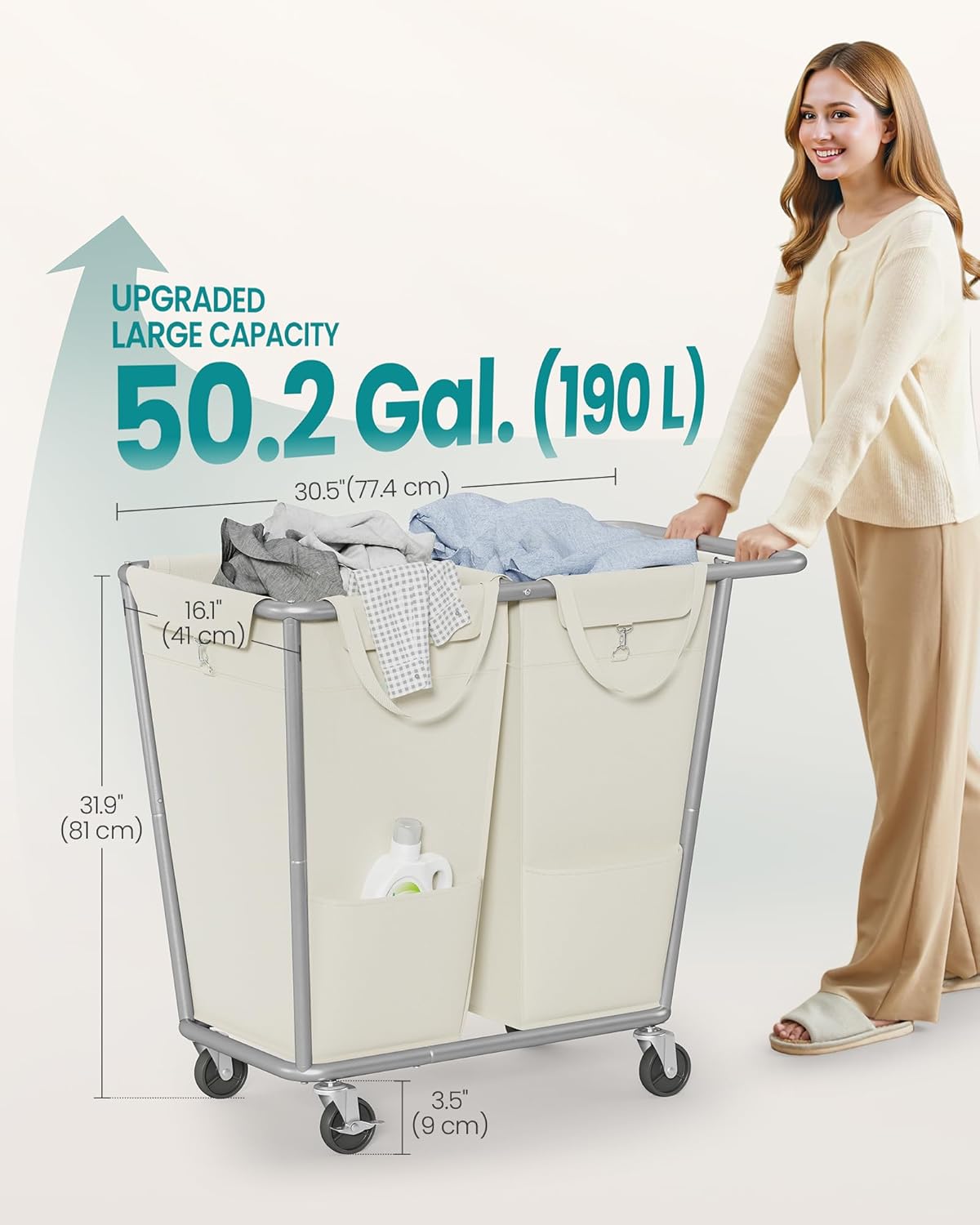 SONGMICS Laundry Basket with Wheels, 50.2 Gallons (190 L), 2-Section Rolling Laundry Hamper with