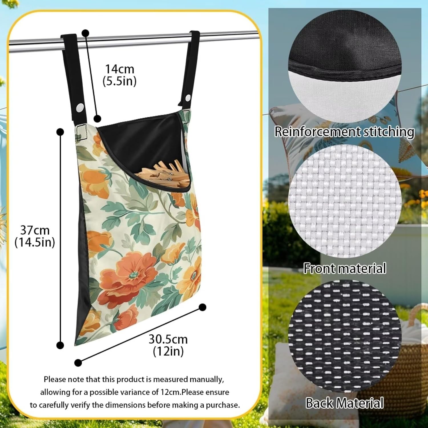Art Flower Clothespin Bag Clothes Pin Hanging Bag Clothespin Bag with Hanging Hook 12 x 14.6 Inch