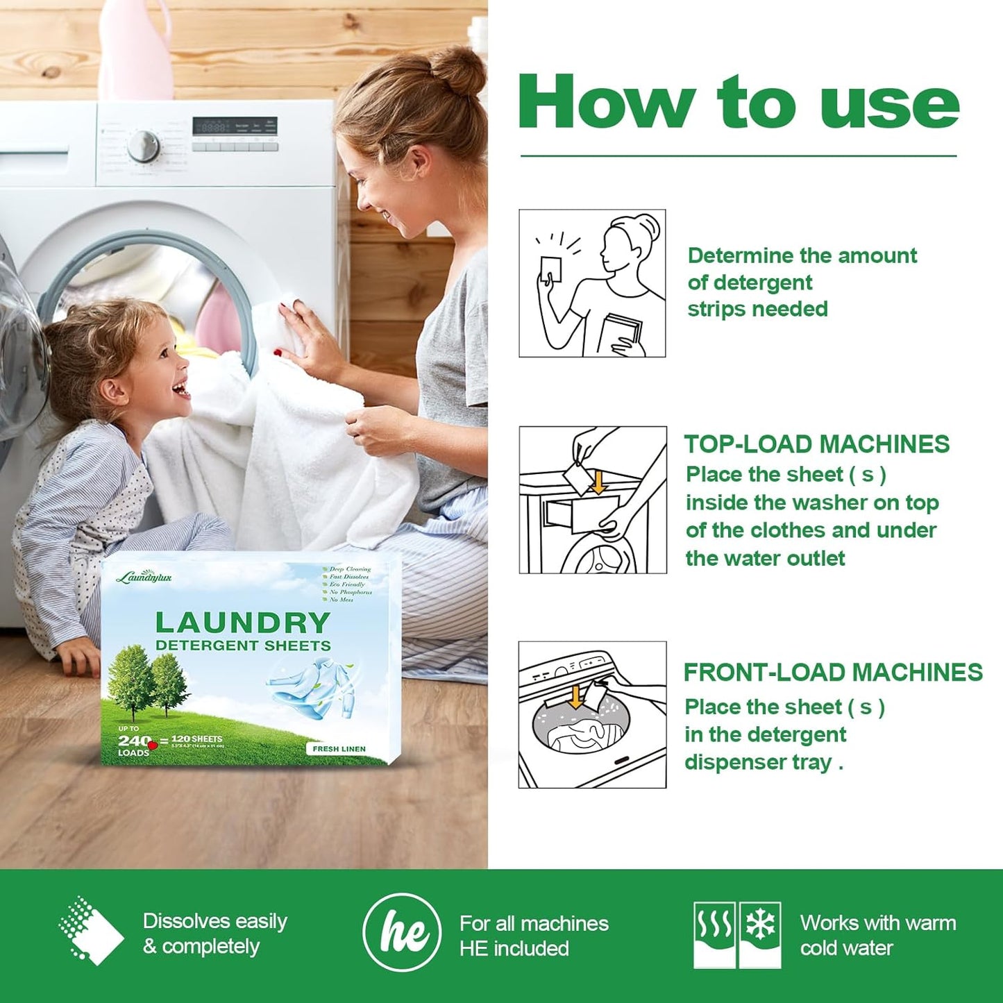 Laundry Detergent Sheet, Eco-Friendly & Hypoallergenic Wash Strips, Natural Ingredients
