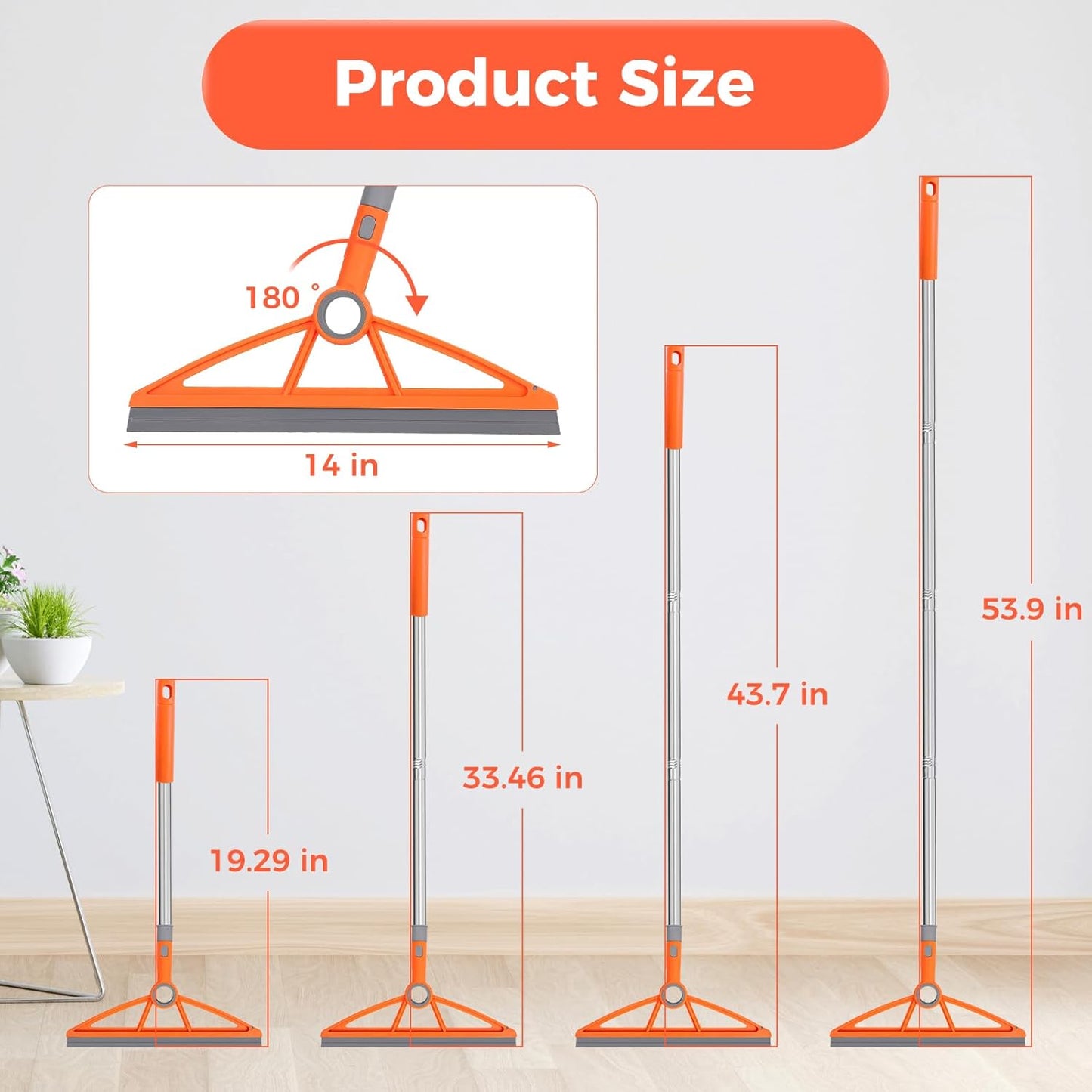 2-in-1 Air Broom, 180° Rotating 54 Inch Adjustable Silicone Rubber Broom Includes 2 Scraping