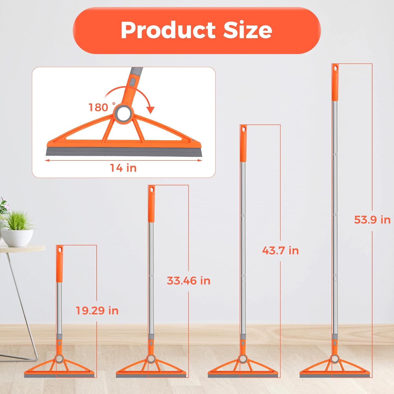 2-in-1 Air Broom, 180° Rotating 54 Inch Adjustable Silicone Rubber Broom Includes 2 Scraping