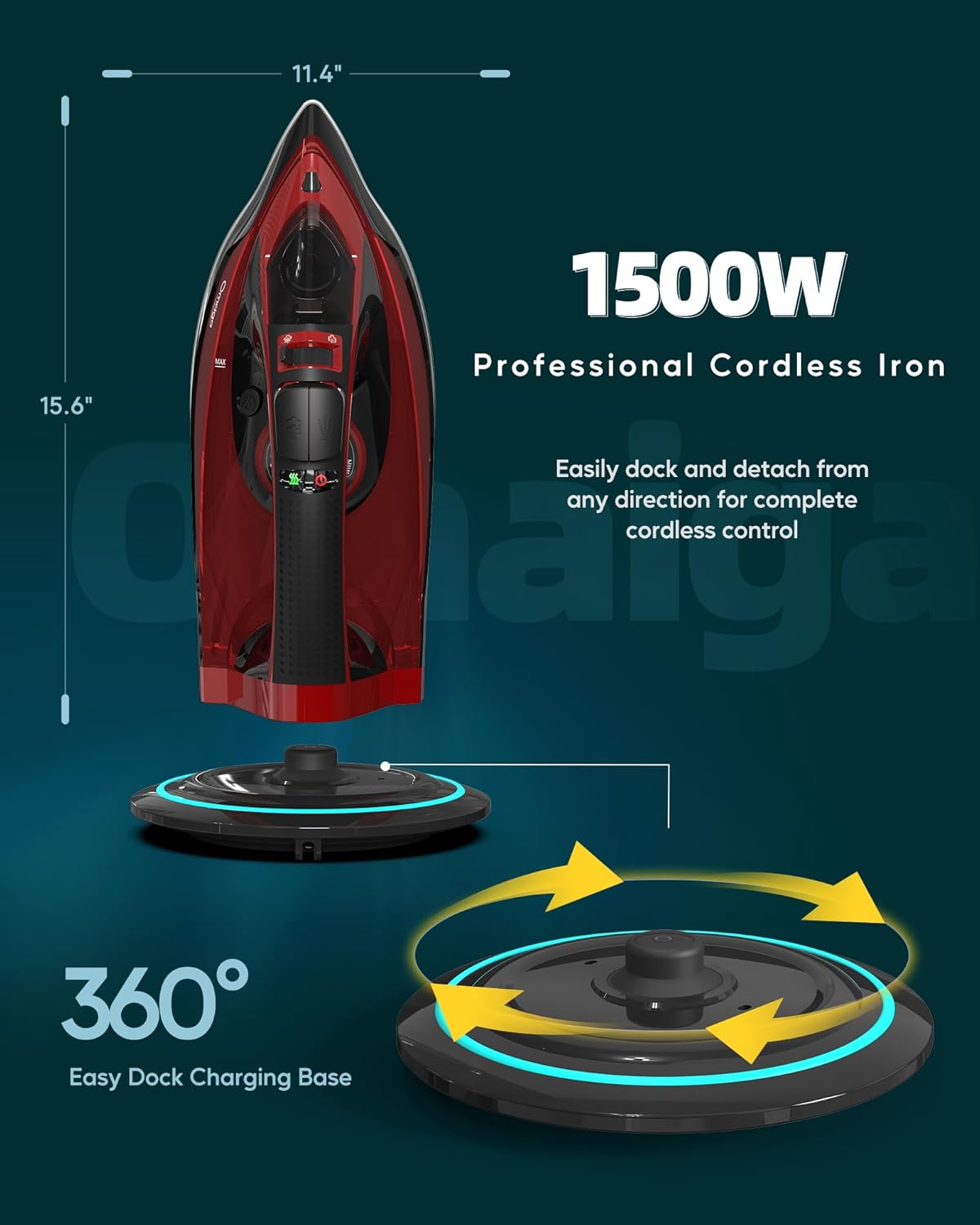 Cordless Iron for Clothes - 1500W Steam Iron with Non-Stick Ceramic Soleplate, Rapid Heating, Auto