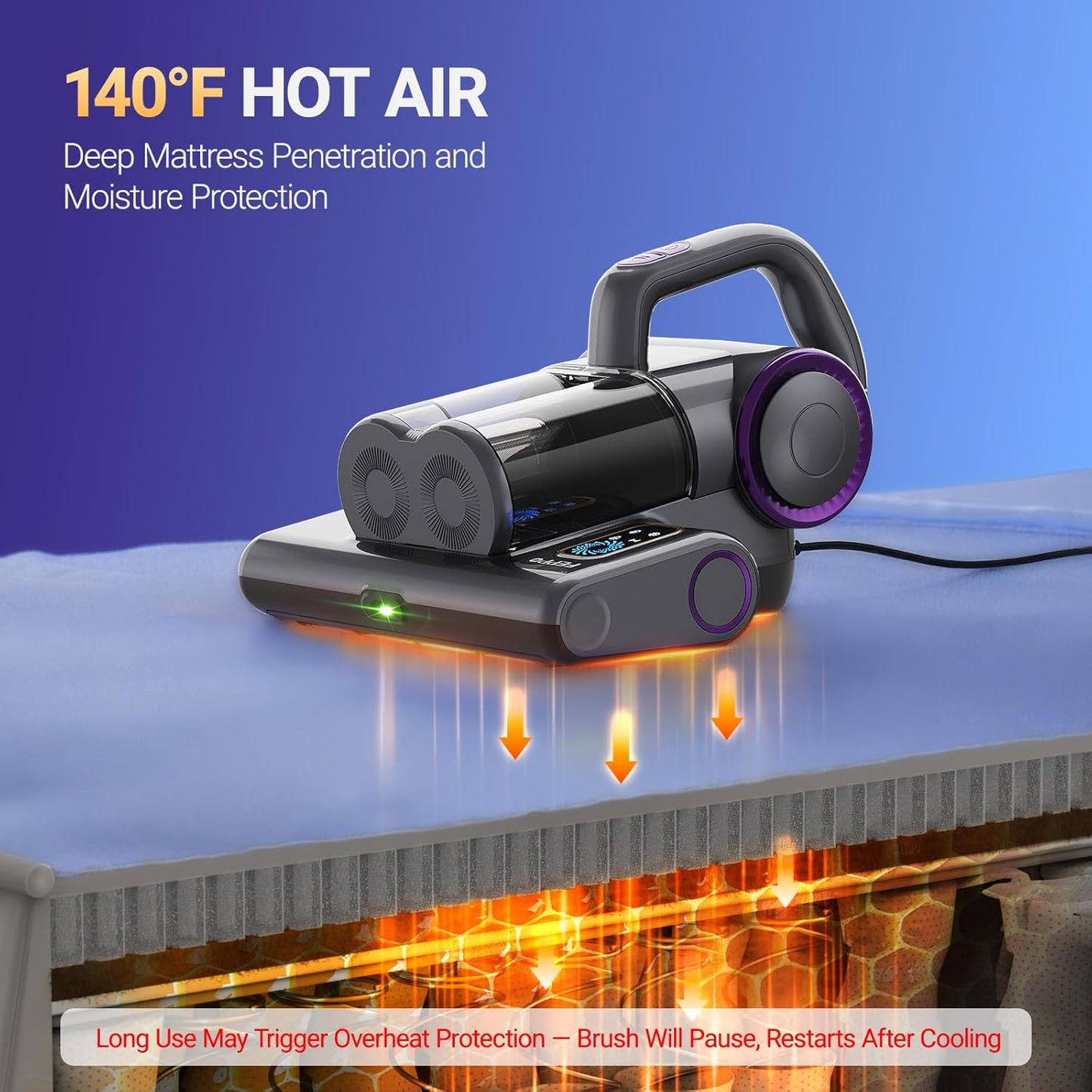 FEPPO Mattress Vacuum Cleaner, 16Kpa Bed Vacuum Cleaner with 253.7nm UV-C Light, 140°F Heat, HEPA