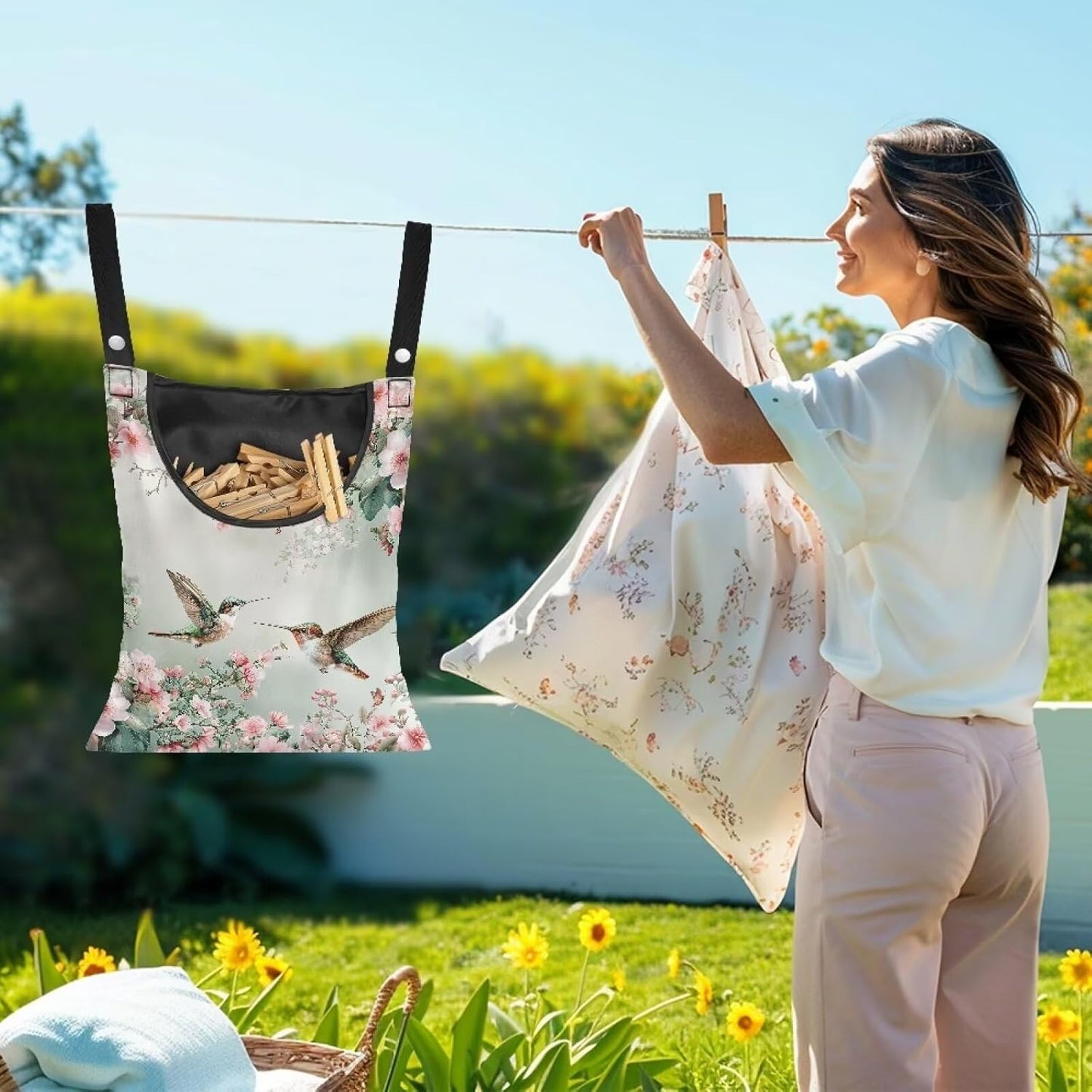 Hummingbird Clothespin Bags with Hanging Rope Space-Saving Clothespin Storage Organizer Waterproof