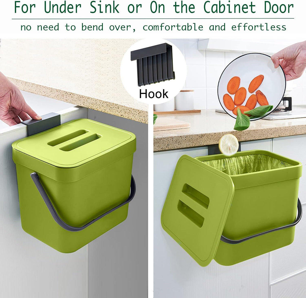 LALASTAR 1.8 Gallon Hanging Trash Can, Green, Plastic, Compost Bin Indoor Kitchen Sealed, Small