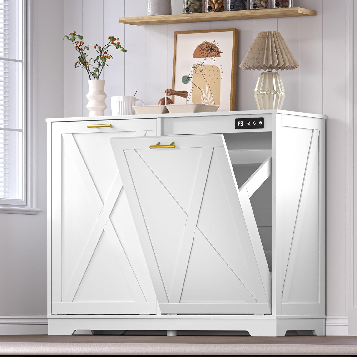 Tilt Out Trash Can Cabinet for 2 Bins, Hidden Recycle Garbage Bin Enclosure, Wooden Double Laundry