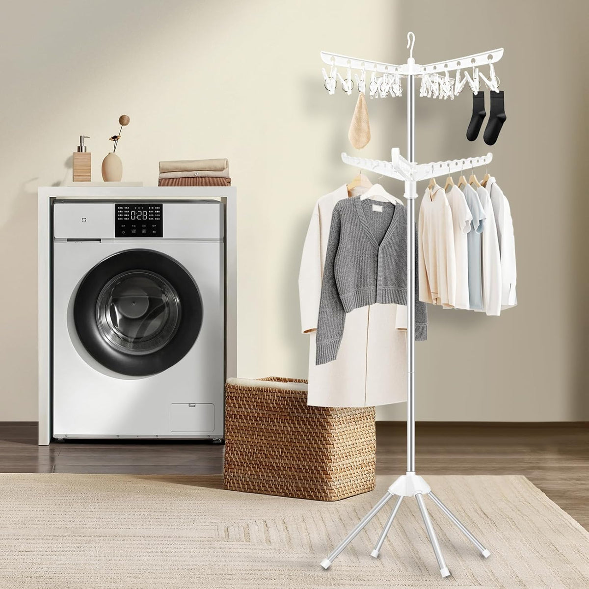 SUYU Clothes Drying Rack,Folding Clothes Drying Tree, 2 Layer with 24 Clips and 3 Rotatable