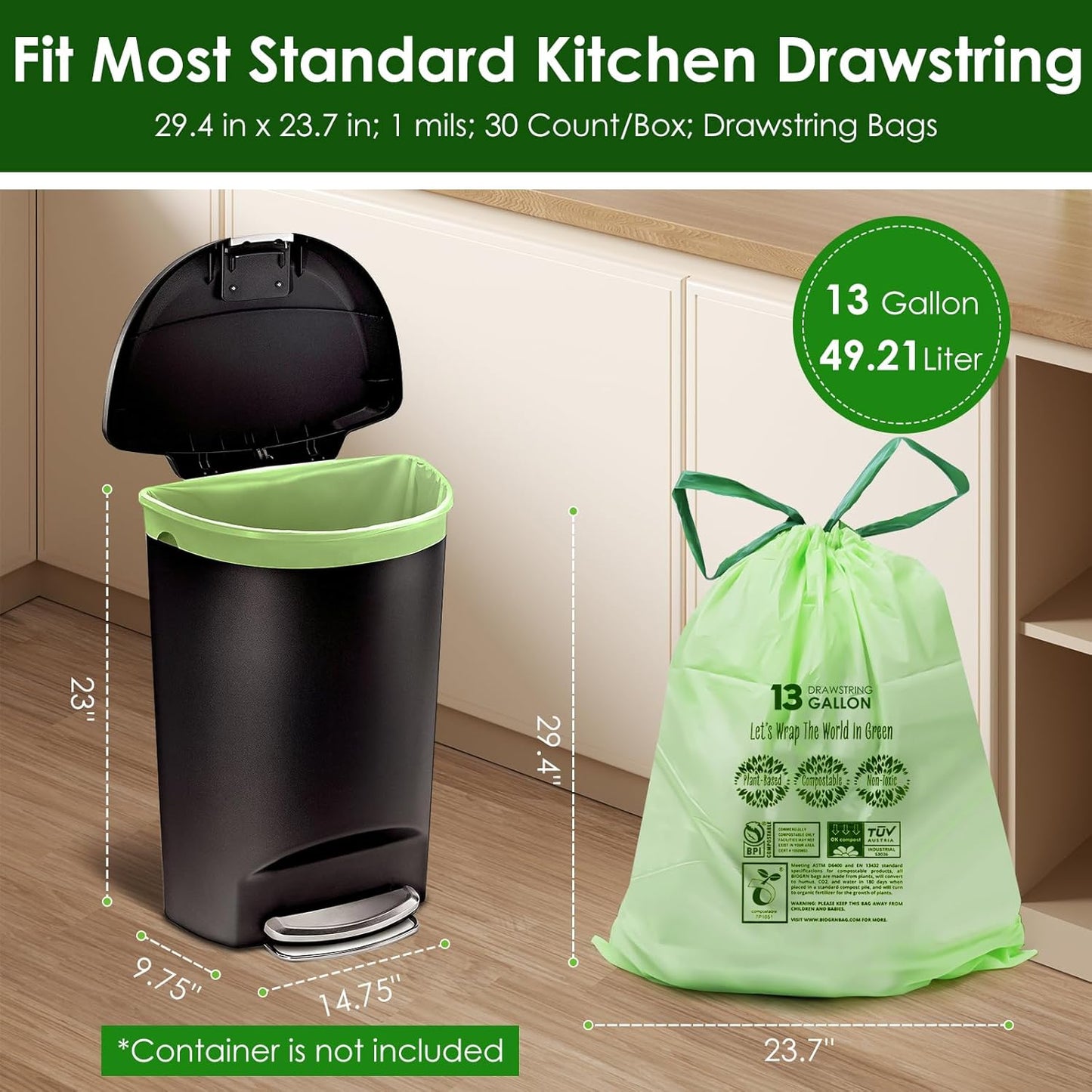 10-13 Gallon Compostable Trash Bags with Drawstring, Heavy Duty Extra Thick 1 Mil, 49.21 Liter