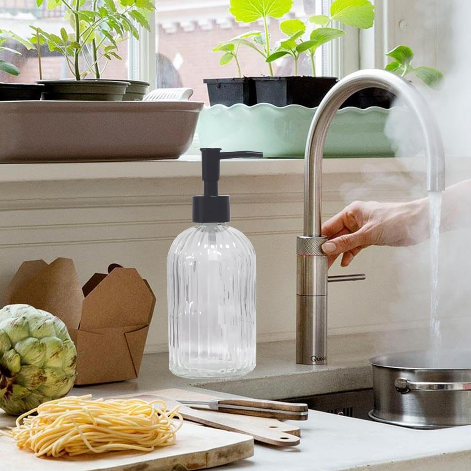 Clear Glass Soap Dispenser with Black Plastic Pump, 13.5oz Refillable Liquid Hand Soap Dispenser