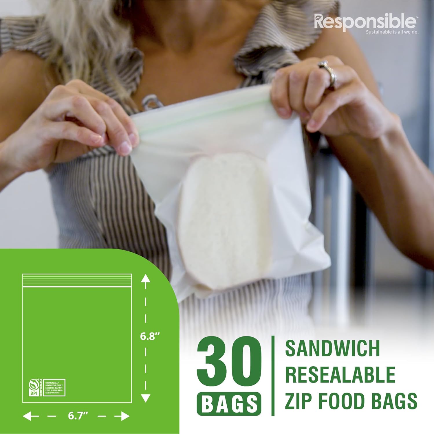 Responsible Products Certified Compostable SANDWICH Resealable Zip Bag, Extra Strength Food Bags