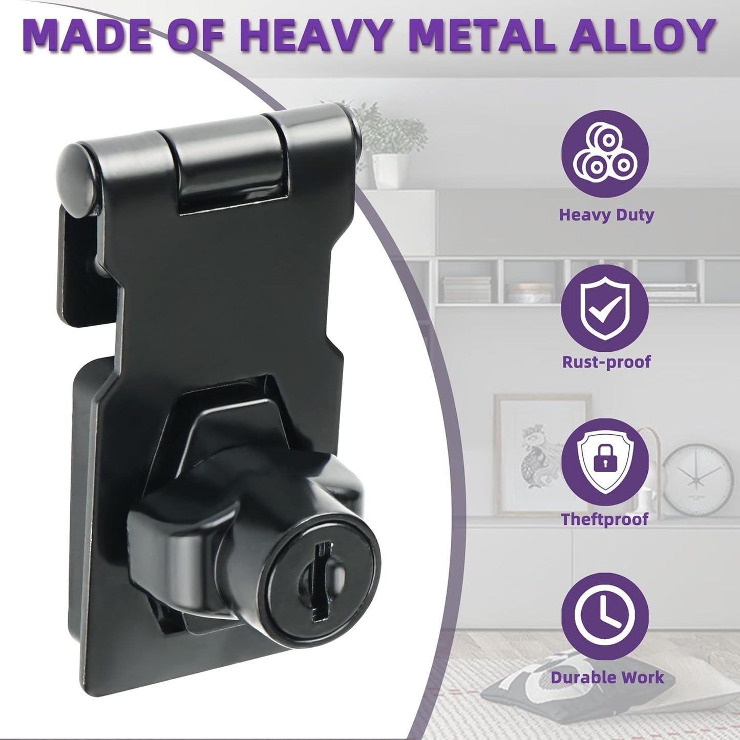 Alise Keyed Hasp Lock,2.5 Inch Safety Packlock Clasp Hasp Lock Latch with Lock, Black Door Hinge