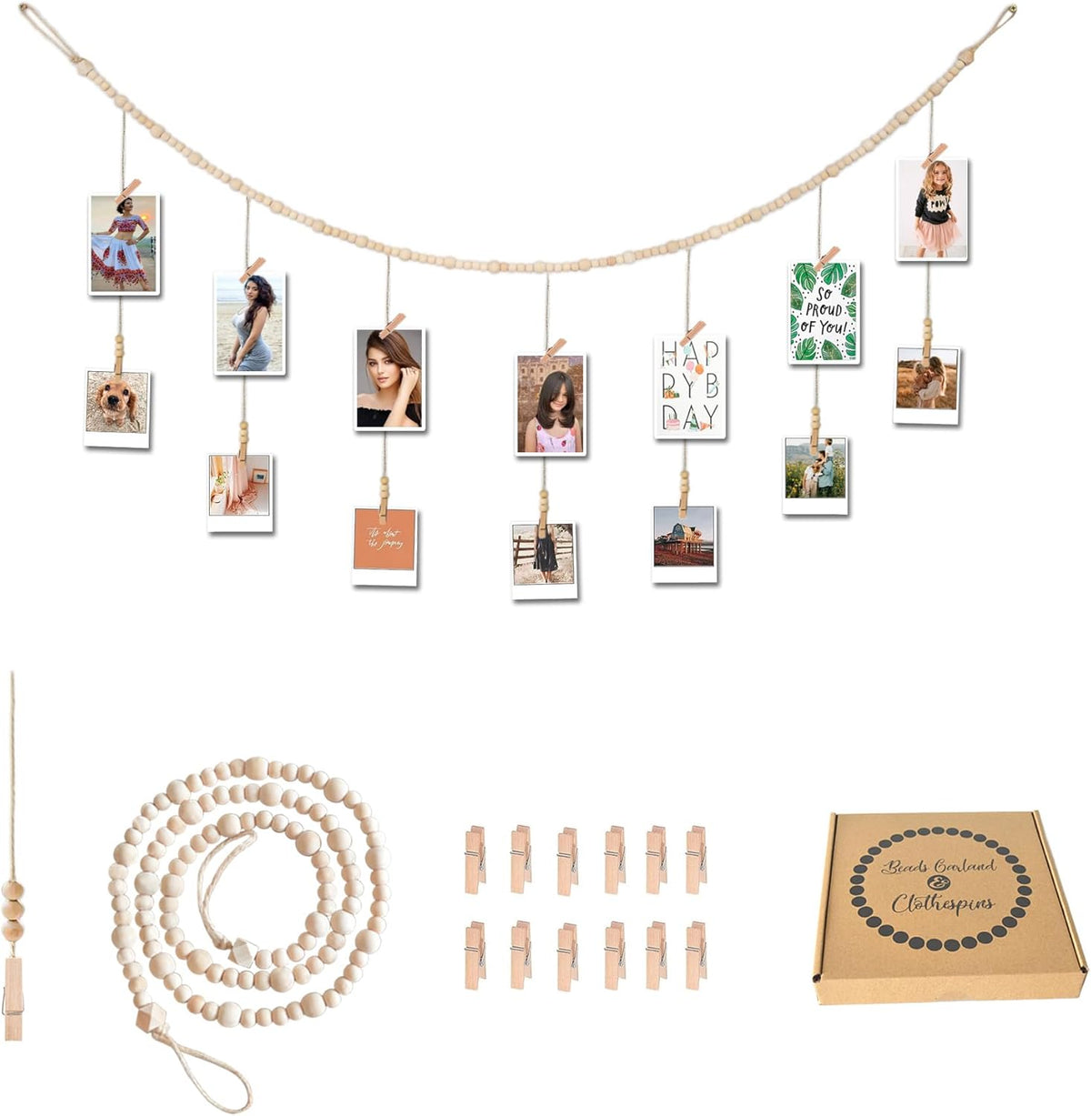 4 Feet Wooden Beads Garland with Clothespins Picture Cards Holder - Country Farmhouse Christmas
