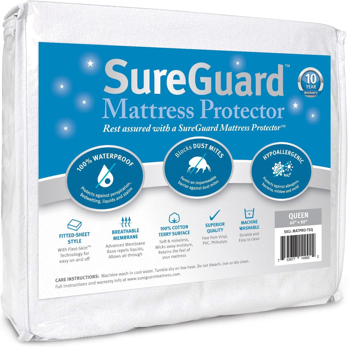 SureGuard Queen Size Mattress Protector - 100% Waterproof, Hypoallergenic - Premium Fitted Cotton