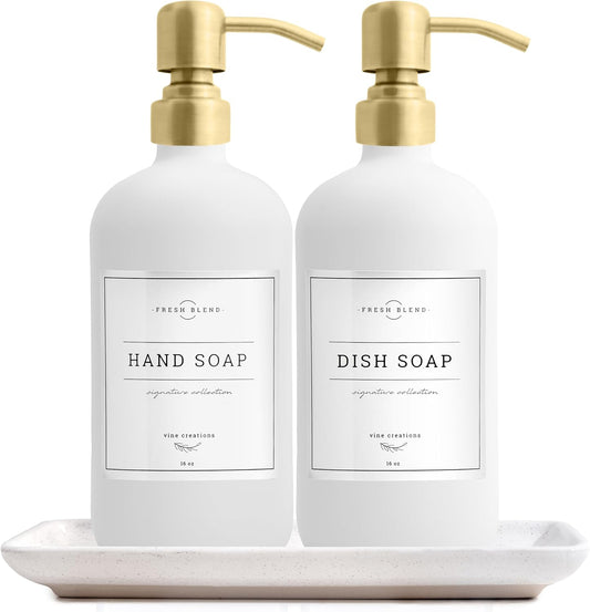Vine Creations Glass Soap Dispenser, 2 Pack Kitchen Soap Dispenser Set with Ceramic Tray, Stainless