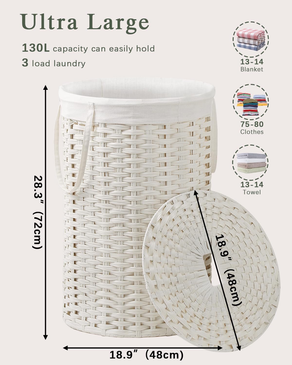 Large Laundry Hamper Laundry Basket Round 34.3 Gal (130 L) Handwoven Wicker Laundry Baskets Rattan