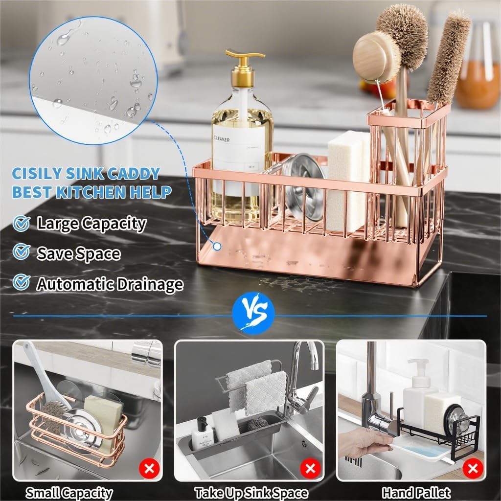 Cisily Sink Caddy Organzier with High Brush Holder, Sponge Holder for Sink, 304 Rustproof