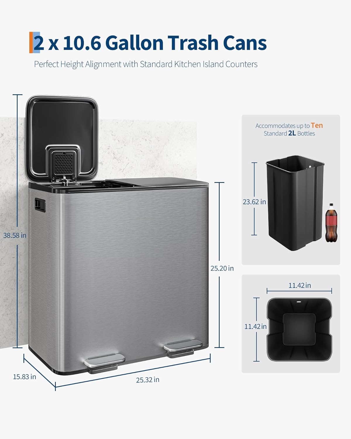 GarveeHome 2 x 10.6 Gallon Stainless Steel Double Trash Can with Lid for Kitchen, Large Dual Trash