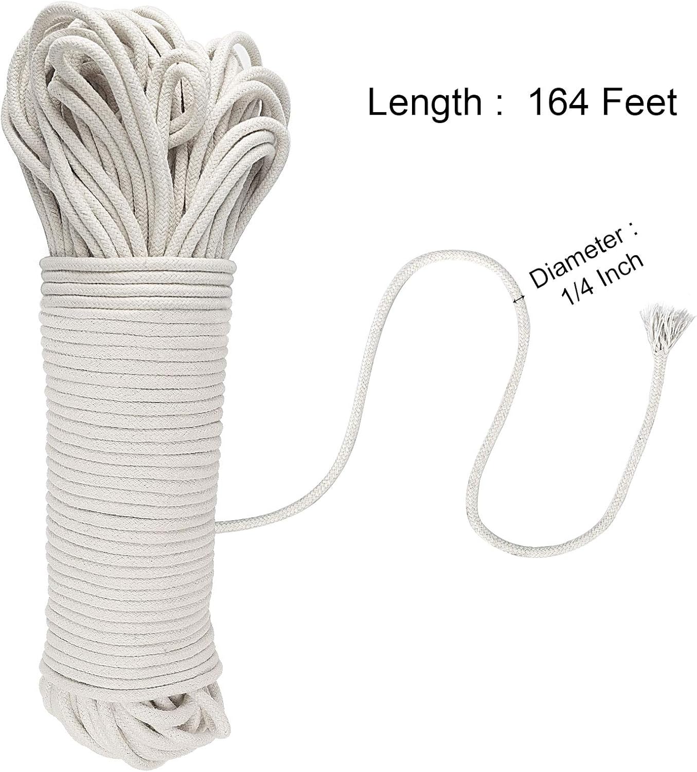 164 Feet 1/4 Inch White Natural Cotton Rope, Cotton Clothesline Rope, All-Purpose Craft Rope for