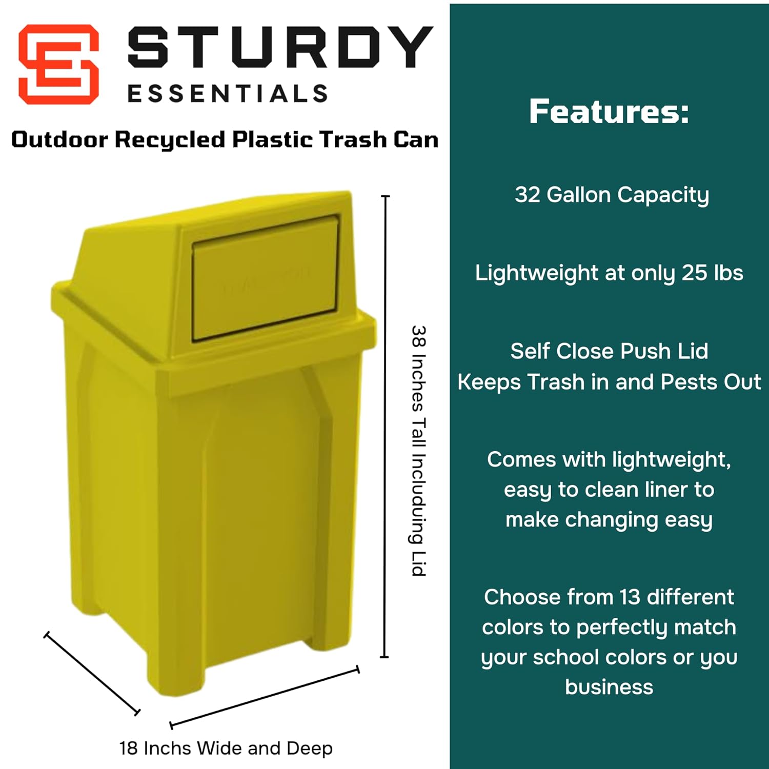 32 Gallon Square 100% Recycled Plastic Heavy Duty Outdoor Trash Can with Push Lid - Great for