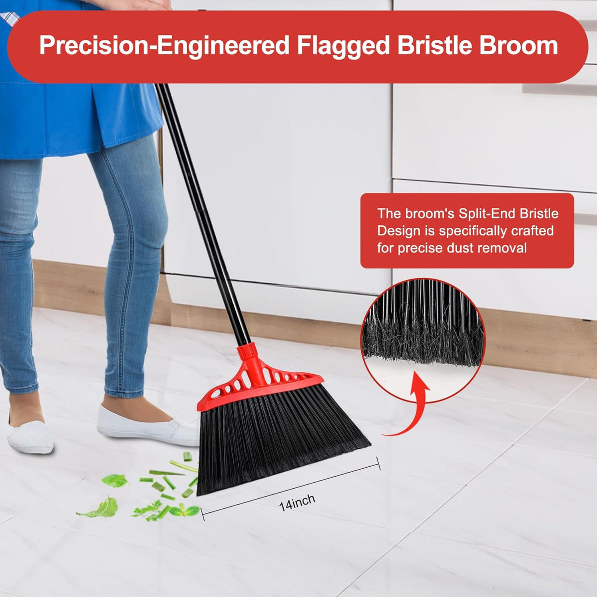 Heavy Duty Angle Broom - 55" Adjustable Iron Handle with Stiff Bristles - Commercial-Grade