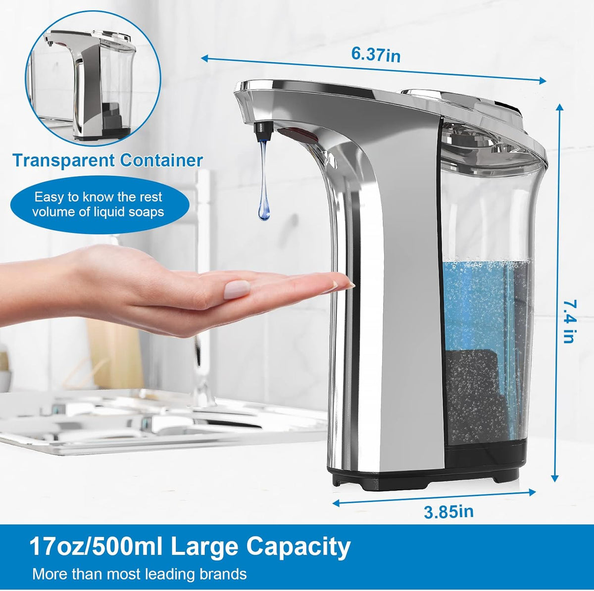 Automatic Soap Dispenser, Touchless Dish Soap Dispenser 17oz/500ml with Upgraded Infrared Sensor, 5