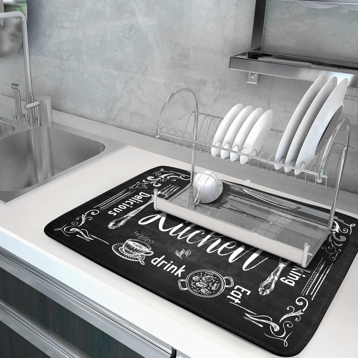 Black Coffee Bar Dish Drying Mats for Kitchen Counter 18x24 Inch, Kitchen Drying Mat, Kitchen