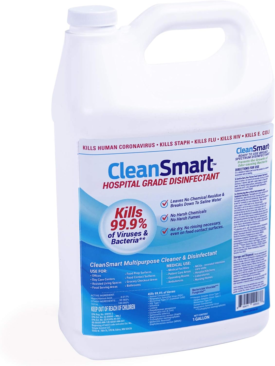 CleanSmart Hospital Grade Disinfectant, Kills 99.9% of Viruses and Bacteria, Hypochlorous Acid