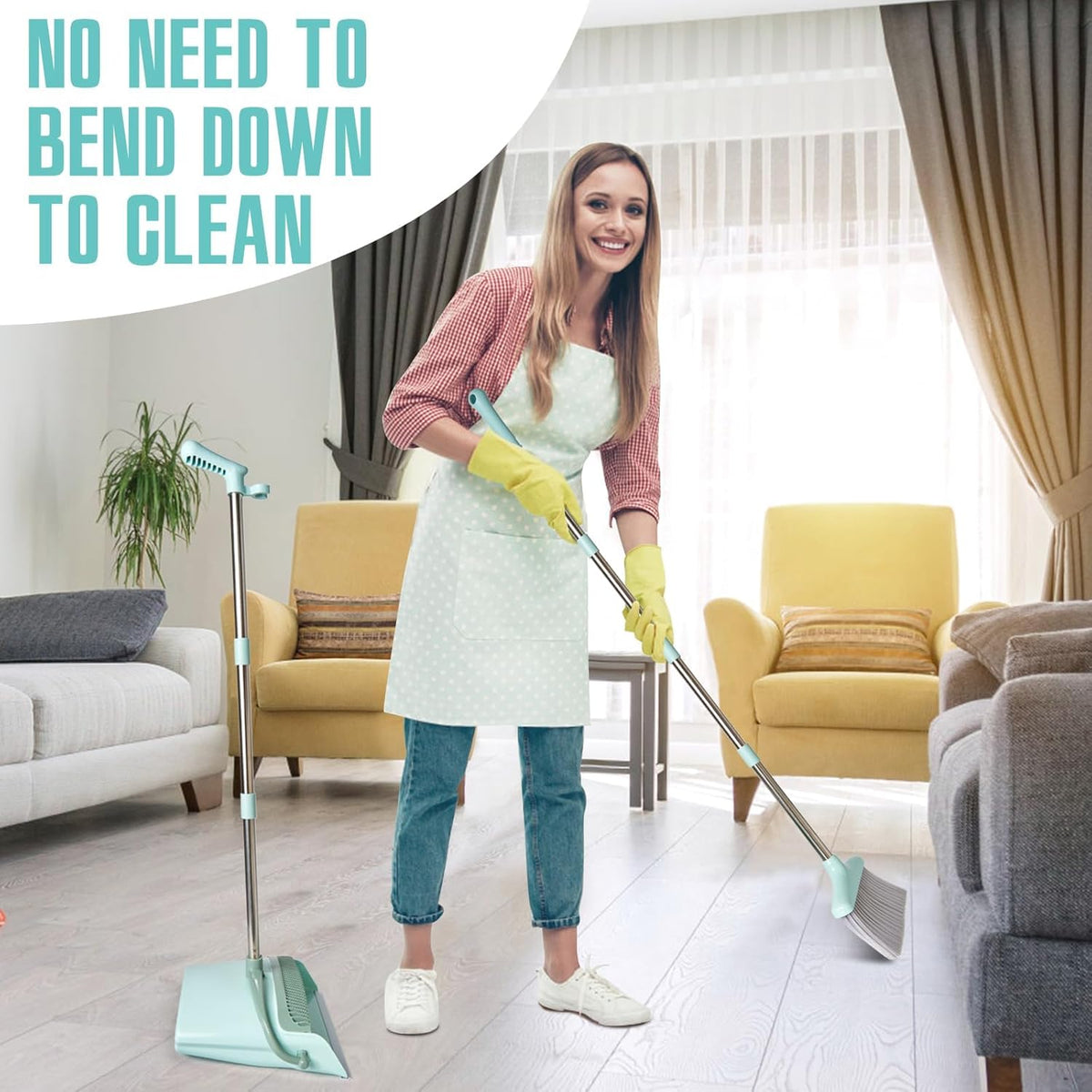 XXXFLOWER Broom and Dustpan Set with Cleaning Teeth, 55" Long Handle Indoor Sweeping Combo for Home