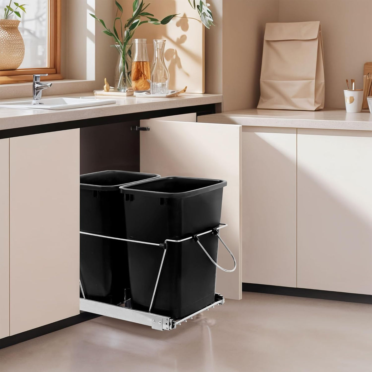 SUPER DEAL Double 35-Quart Pull Out Trash Can Under Cabinets Under Sink Garbage Sliding Waste Bin