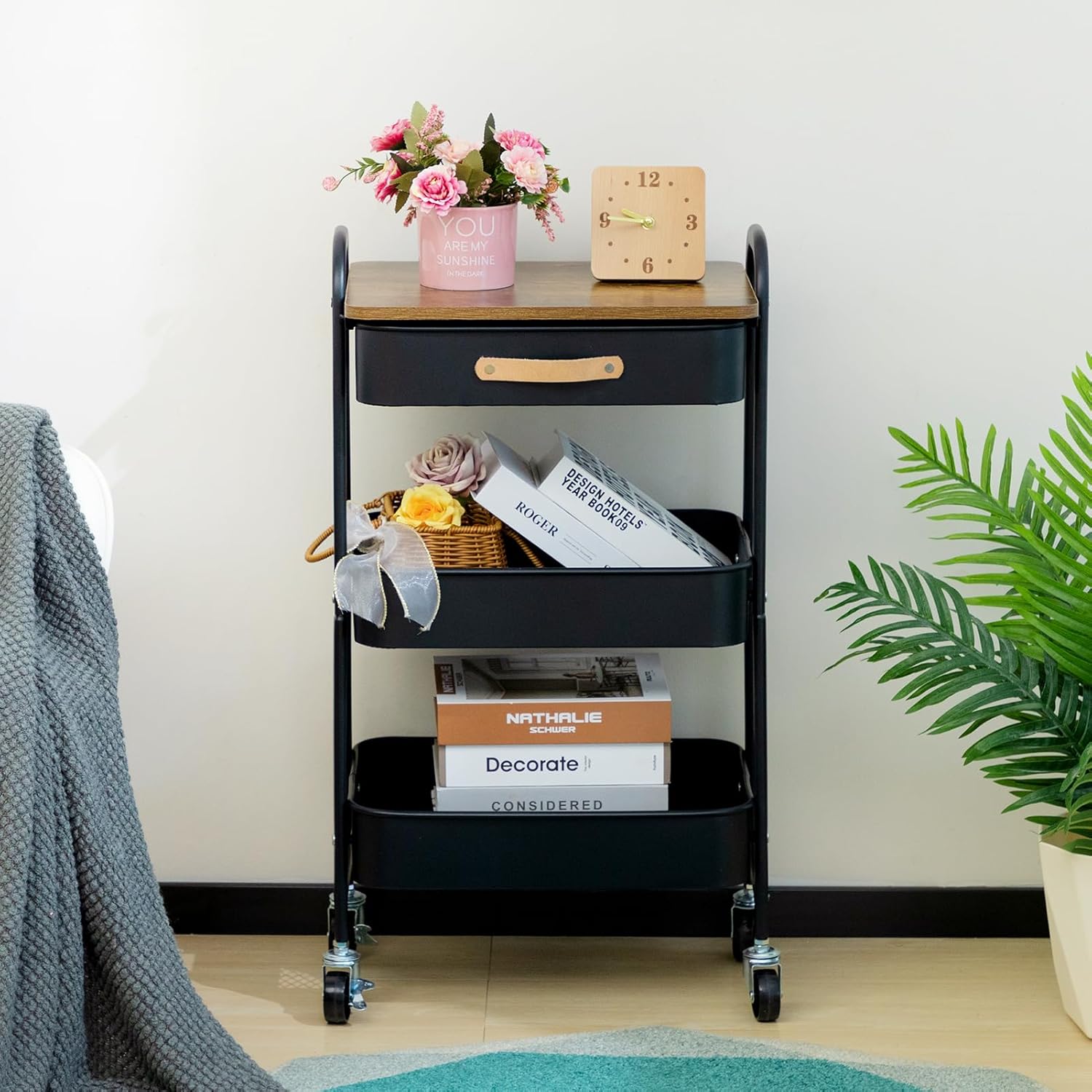 AGTEK Movable Rolling Organizer Cart with Drawer, 3 Tier Metal Utility Cart with Hanging Cups